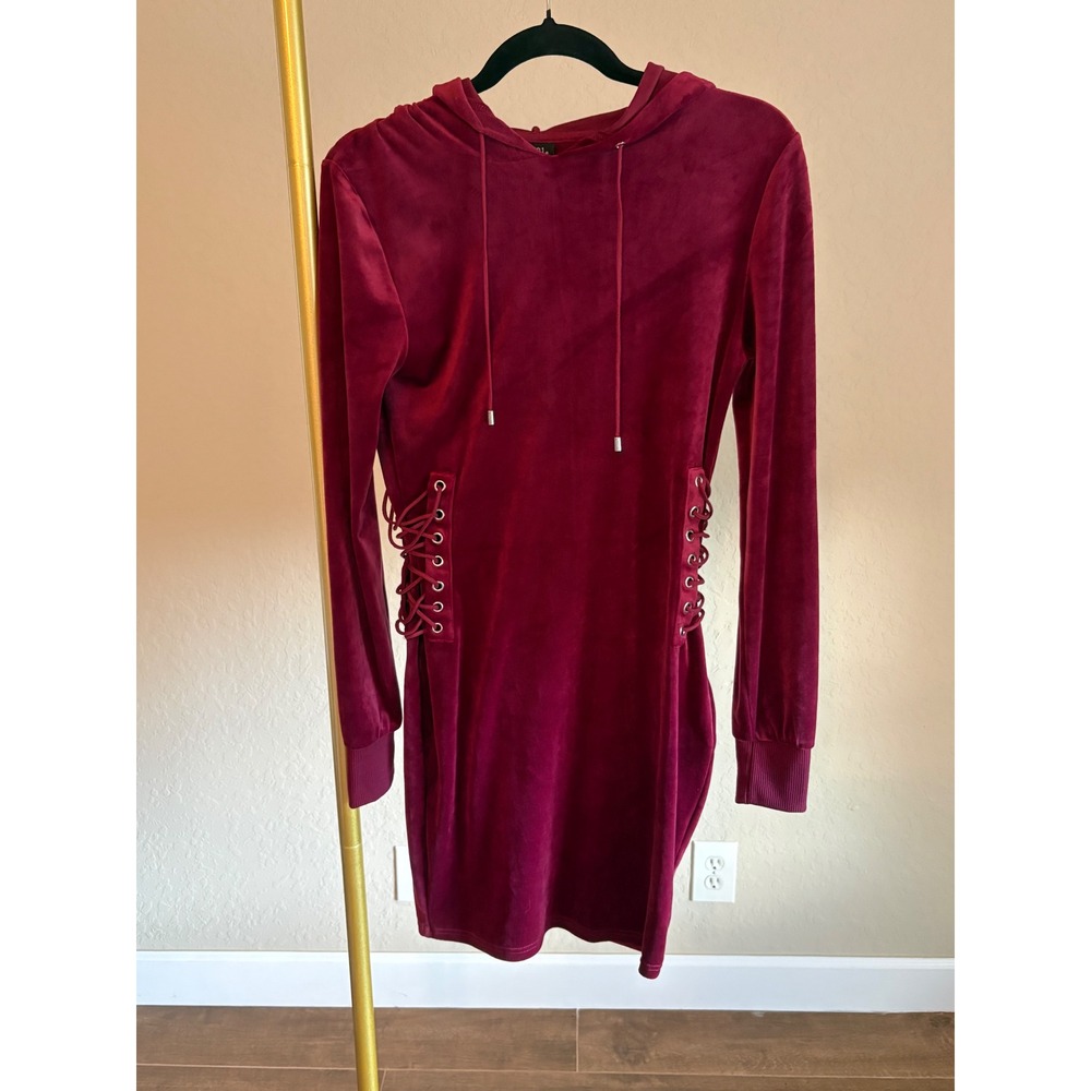 Rue21 Velvet Hoodie Dress Burgundy Lace Up Side Mini Long Sleeve M Fall Glam